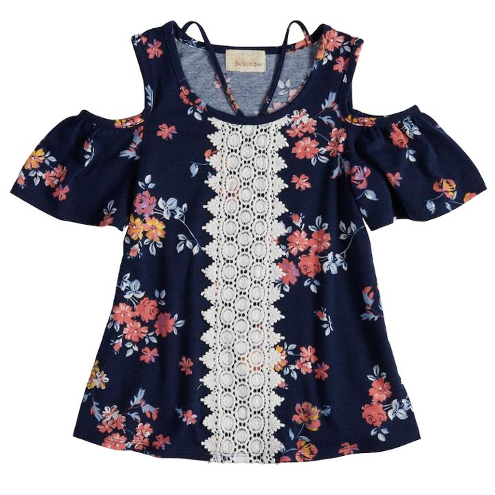 Girls 7-16 Rewind Crochet Front Cold Shoulder Top, Size: Medium, Blue