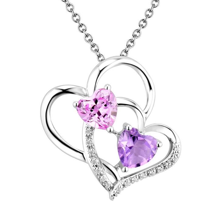 Two Hearts Forever One Sterling Silver Amethyst, Lab-created Pink Sapphire And Diamond Accent Double Heart Pendant, Women's, Size: 18, Purple