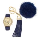 Women's Crystal Watch & Pom Pom Tassel Key Chain Set, Size: Large, Blue