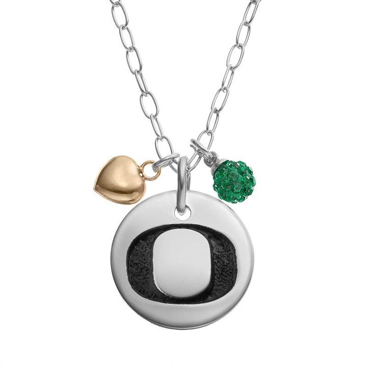 Fiora Crystal Sterling Silver Oregon Ducks Team Logo & Heart Pendant Necklace, Women's, Size: 16, Green