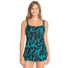 Women's Great Lengths Tummy Slimmer Printed Empire Swimdress, Size: 12, Turquoise/blue (turq/aqua)