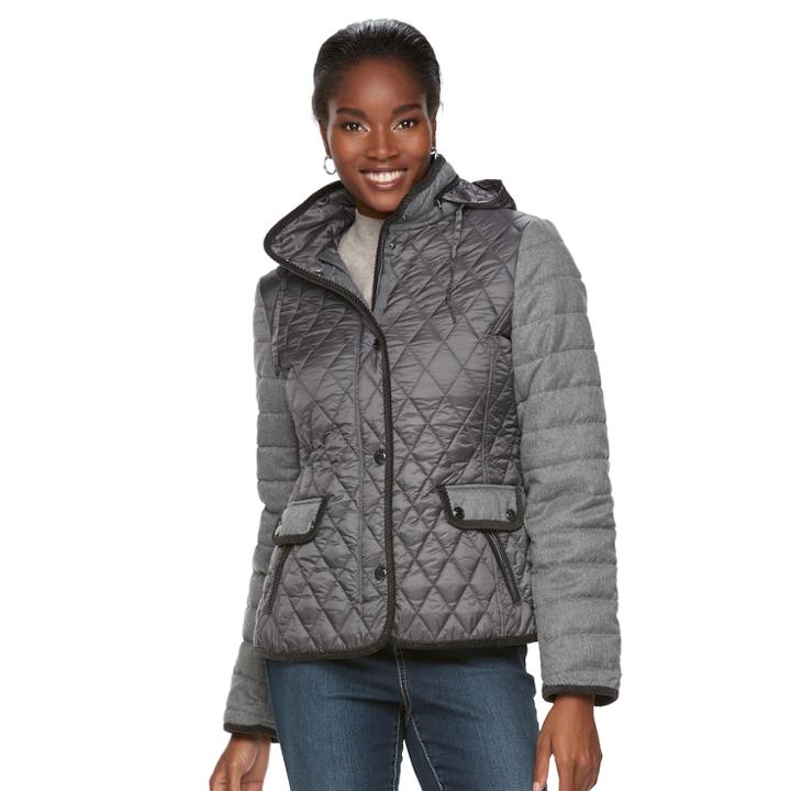 Women's Gallery Quilted Mixed-media Puffer Jacket, Size: Xl, Grey