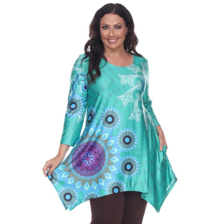 Plus Size White Mark Scroll Shark-bite Tunic, Women's, Size: 2xl, Green Oth