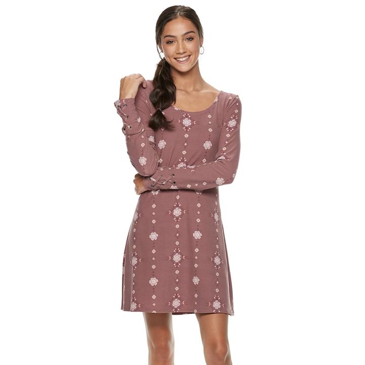 Juniors' Mudd&reg; Lace-up Sleeve Sueded Jersey Dress, Teens, Size: Medium, Beig/green (beig/khaki)