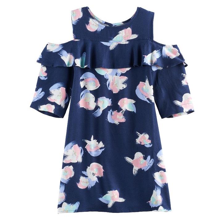 Girls 4-8 Sonoma Goods For Life&trade; Floral Print Cold Shoulder Ruffle Dress, Girl's, Size: 6x, Blue (navy)