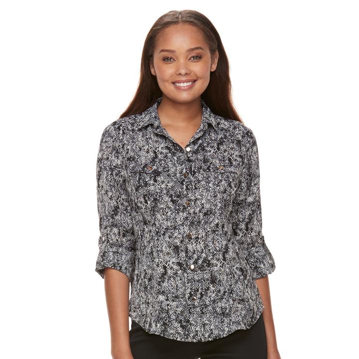 Petite Dana Buchman Patterned Button-down Shirt, Women's, Size: M Petite, Black