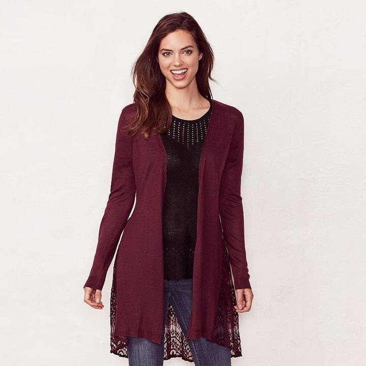 Women's Lc Lauren Conrad Scallop Lace Cardigan, Size: Small, Dark Pink