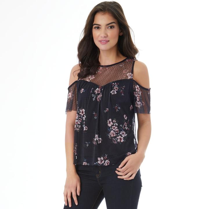 Juniors' Iz Byer Floral Cold Shoulder Top, Teens, Size: Medium, Blue (navy)