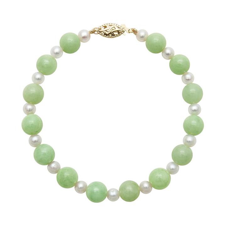 14k Gold Jade And Freshwater Cultured Pearl Bracelet, Women's, Size: 7.50, Green