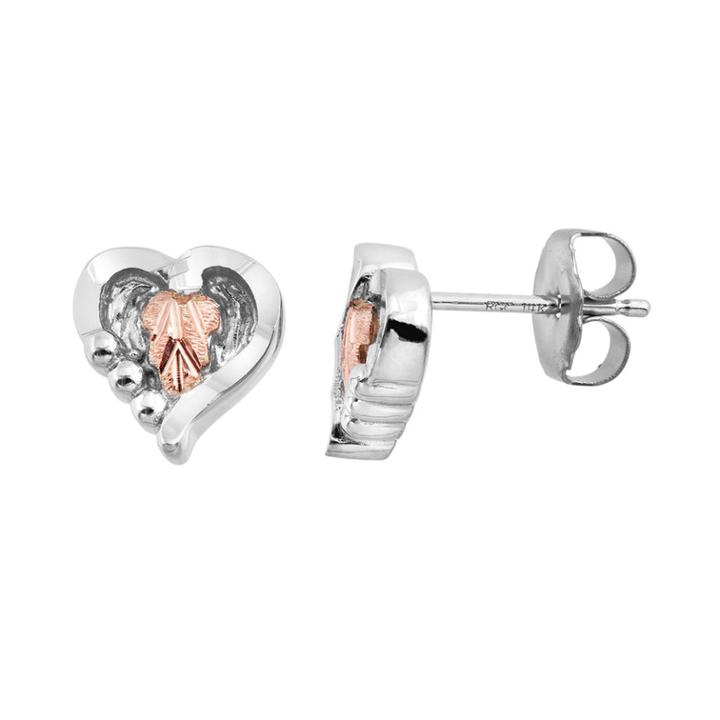 Black Hills Gold Two Tone Leaf Heart Stud Earrings In Sterling Silver, Women's