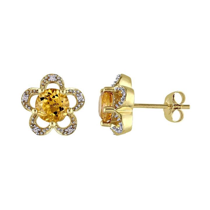 Laura Ashley 10k Gold Citrine & Diamond Accent Flower Stud Earrings, Women's, Orange