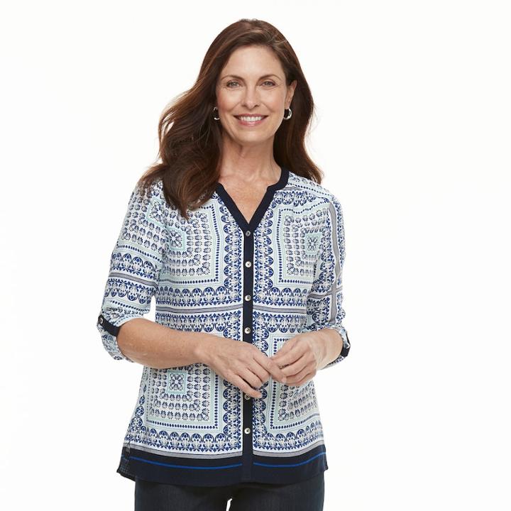 Women's Croft & Barrow&reg; Printed Shirred-shoulder Shirt, Size: Medium, Light Blue