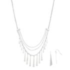 Multi Strand Fringe Necklace & Geometric Drop Earring Set, Women's, Silver