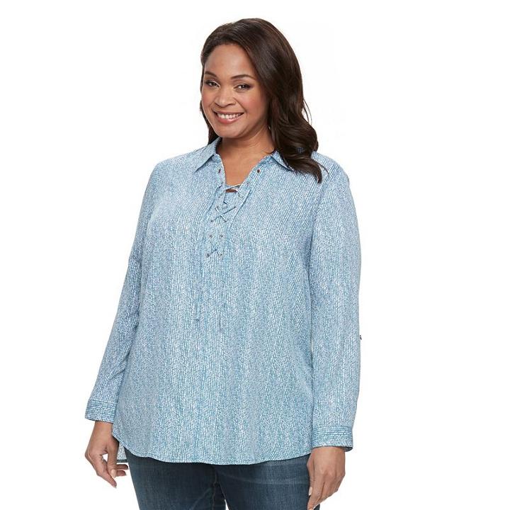Plus Size Croft & Barrow&reg; Printed Lace-up Shirt, Women's, Size: 1xl, Light Blue