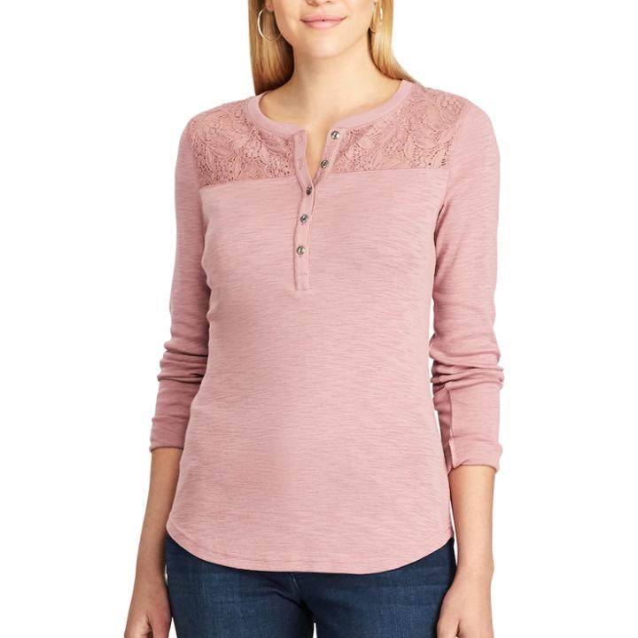 Women's Chaps Lace-trim Henley Shirt, Size: Small, Pink
