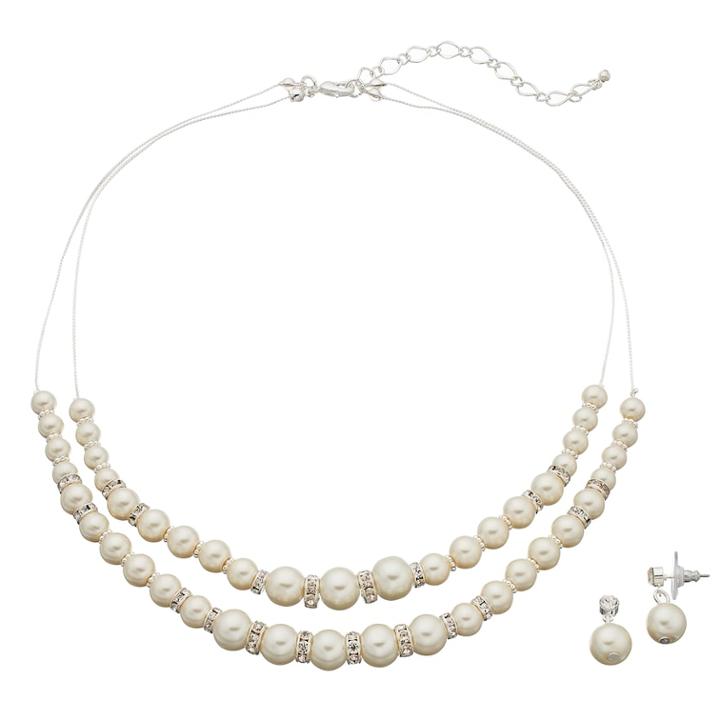 Simulated Pearl Double Strand Necklace & Drop Earring Set, Women's, White Oth