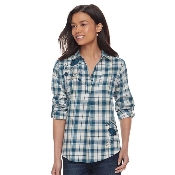 Petite Sonoma Goods For Life&trade; Embroidered Plaid Shirt, Women's, Size: S Petite, Turquoise/blue (turq/aqua)