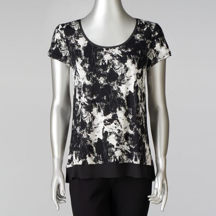 Petite Simply Vera Vera Wang Print Chiffon-trim Tee, Women's, Size: Xs Petite, Oxford