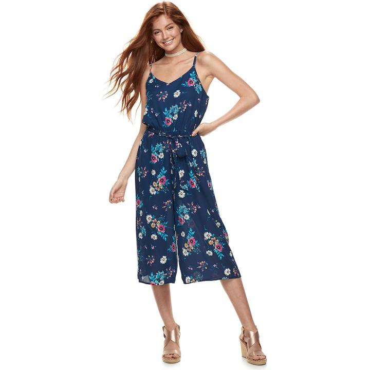 Juniors' Lily Rose Belted Cropped Jumpsuit, Teens, Size: Medium, Navy Teal Fuschia