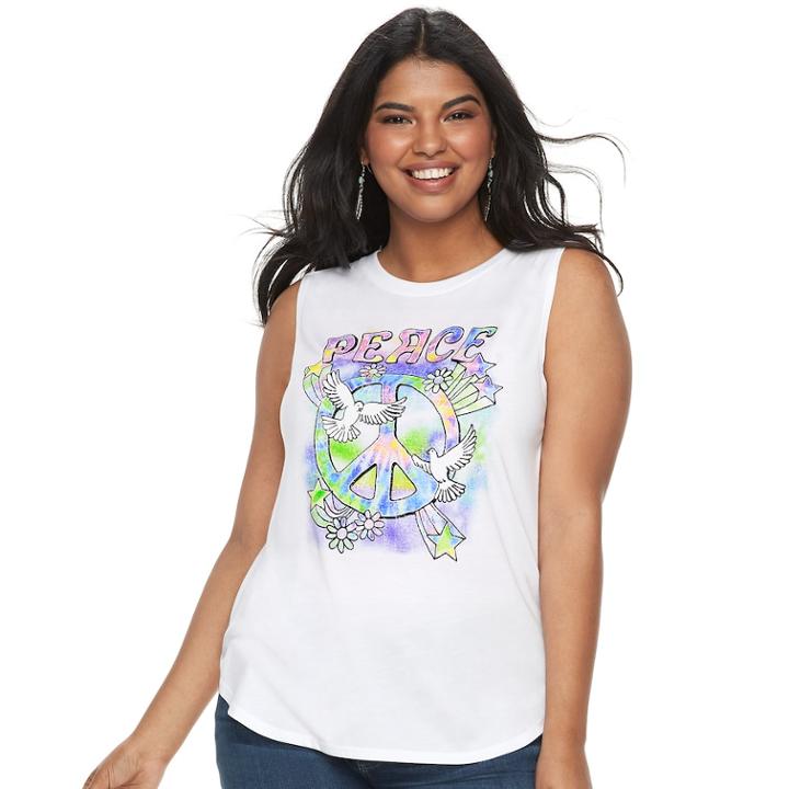 Juniors' Plus Size Shirttail Hem Peace Graphic Tank, Teens, Size: 1xl, White