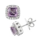 Amethyst And Cubic Zirconia Platinum Over Silver Square Halo Stud Earrings, Women's, Purple