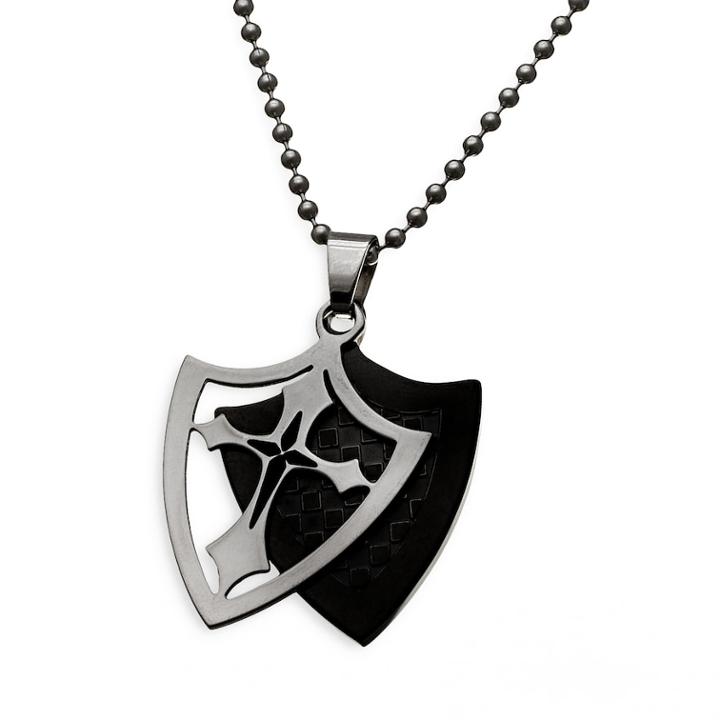 Stainless Steel Shield And Cross Pendant - Men, Size: 24, Grey
