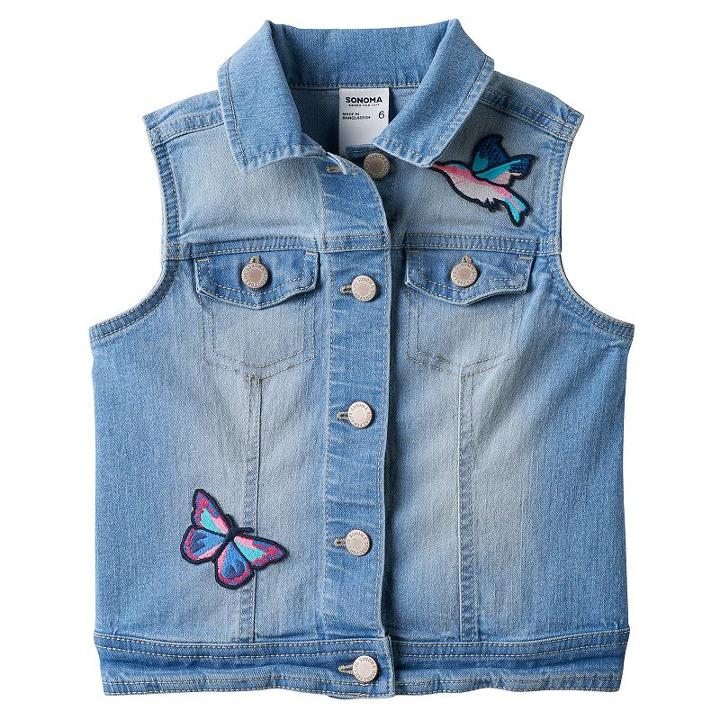Girls 4-12 Sonoma Goods For Life&trade; Embroidered Patch Denim Vest, Girl's, Size: 4, Dark Blue