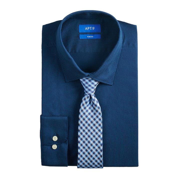 Men's Apt. 9&reg; Slim-fit Dress Shirt & Tie Set, Size: L-34/35, Blue (navy)