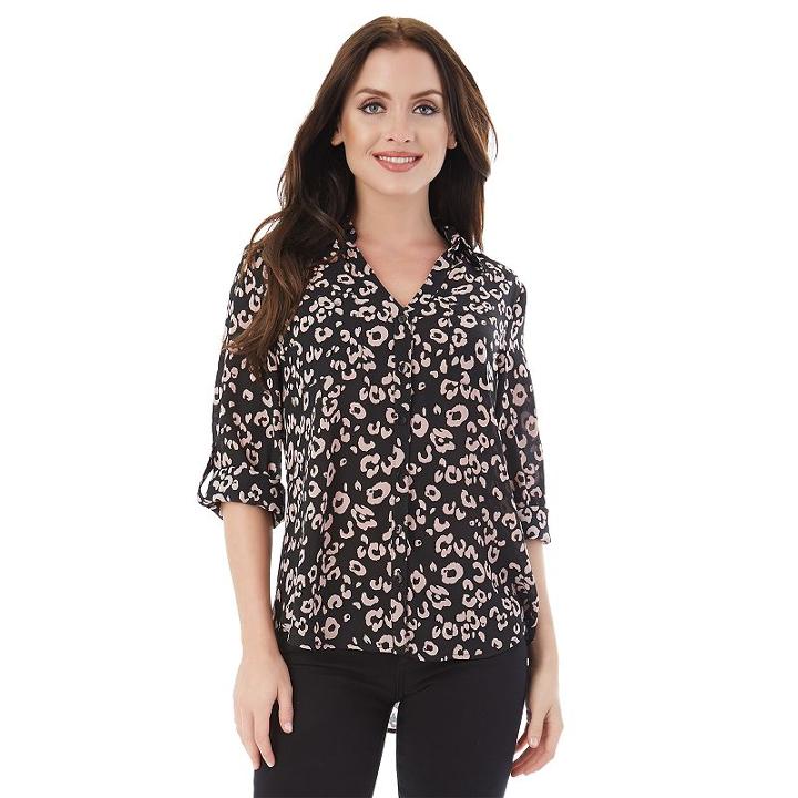 Juniors' Iz Byer California Roll-tab Button Down Shirt, Teens, Size: Medium, Black Blush Animal