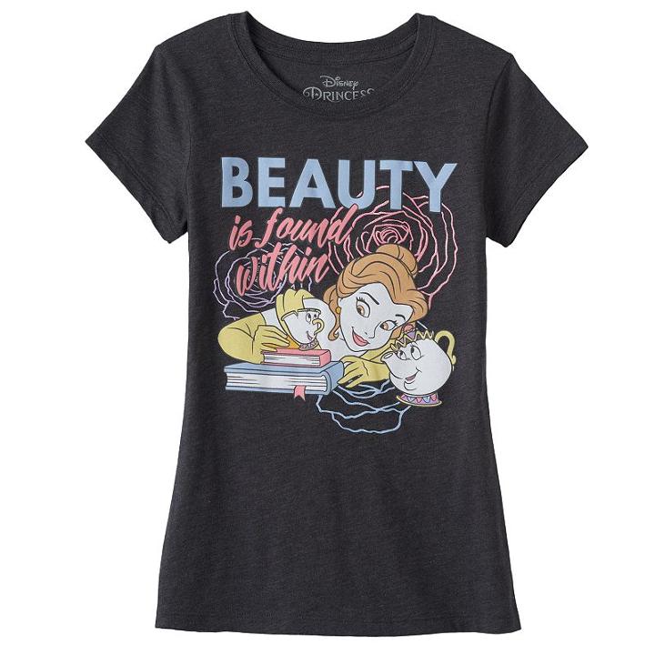 Disney's Beauty And The Beast Belle, Chip & Mrs. Potts Girls 7-16 Beauty Is Found Within Graphic Tee, Girl's, Size: Small, Dark Grey