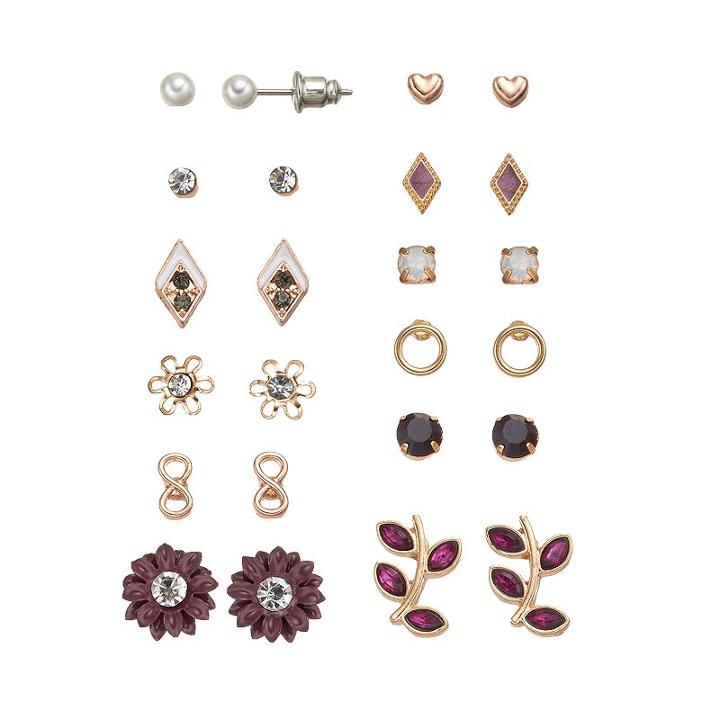 Mudd&reg; Infinity, Kite, Flower, Leaf & Heart Stud Earring Set, Teens, Drk Purple