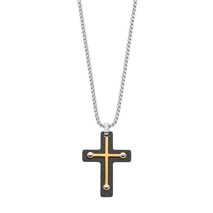 Lynx Men's Tri Tone Stainless Steel Cross Pendant Necklace, Size: 24, Silver