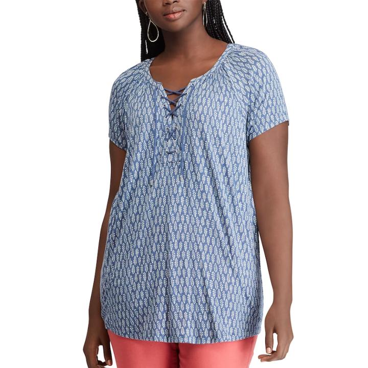 Plus Size Chaps Print Lace-up Top, Women's, Size: 2xl, Blue