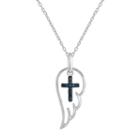 Sterling Silver 1/10 Carat T.w. Blue Diamond Cross & Angel Wing Pendant, Women's, Size: 18