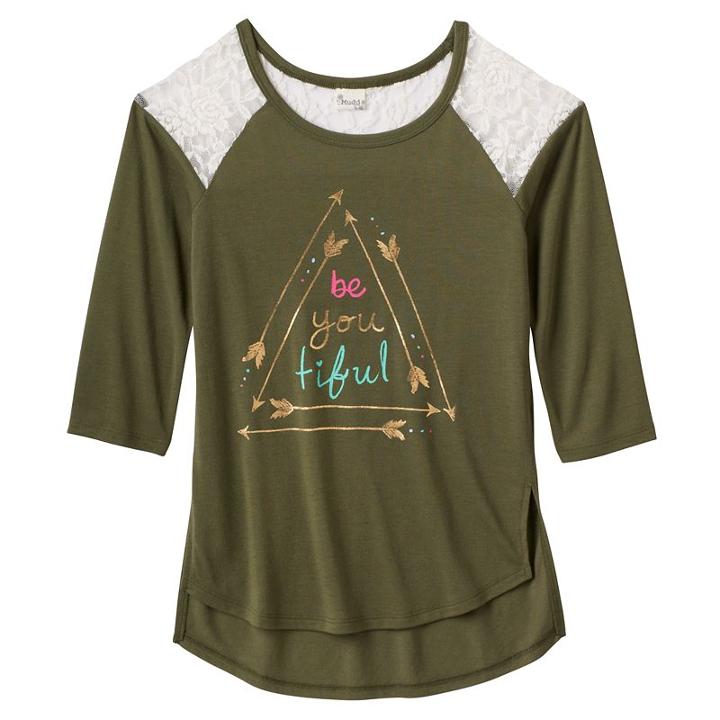 Girls 7-16 Mudd&reg; Raglan Lace High-low Graphic Tee, Girl's, Size: 16, Med Green