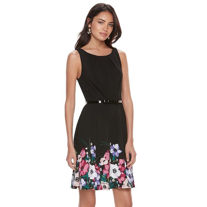 Women's Elle&trade; Floral Hem Fit & Flare Dress, Size: Medium, Black
