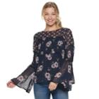 Juniors' Hint Of Mint Floral Smocked Bell Sleeve Top, Teens, Size: Large, Blue (navy)