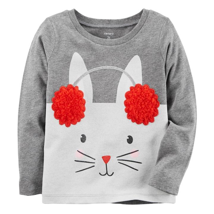 Baby Girl Carter's Sherpa Ear Muff Bunny Graphic Tee, Size: 6 Months, Gray Bunny