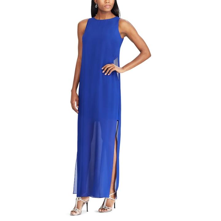 Petite Chaps Georgette Overlay Full-length Dress, Women's, Size: 8 Petite, Blue