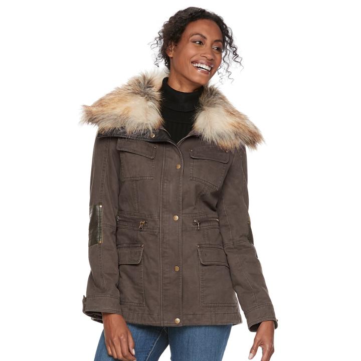 Women's Apt. 9&reg; Faux Fur Faux-leather Accent Parka, Size: Medium, Dark Brown