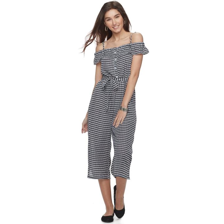 Juniors' Almost Famous Checked Ruffle Jumpsuit, Teens, Size: Medium, Oxford