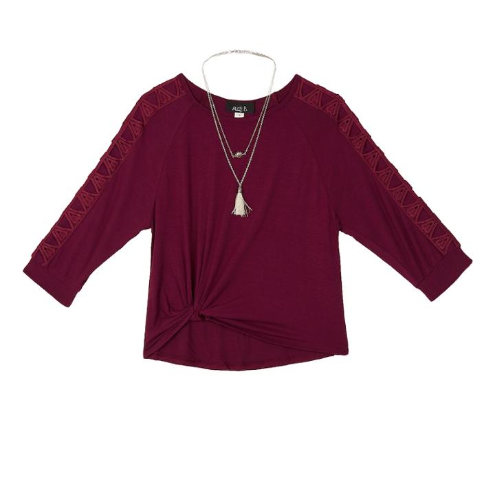 Girls 7-16 Iz Amy Byer Front Twist Raglan Lattice Sleeve Top With Necklace, Size: Xl, Med Purple