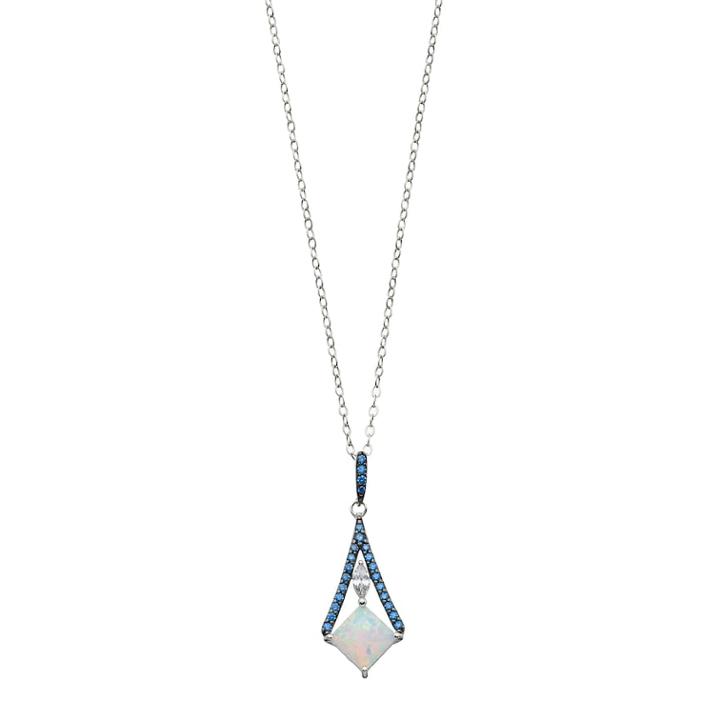 Sterling Silver Simulated Opal & Cubic Zirconia Oblong Pendant Necklace, Women's, White