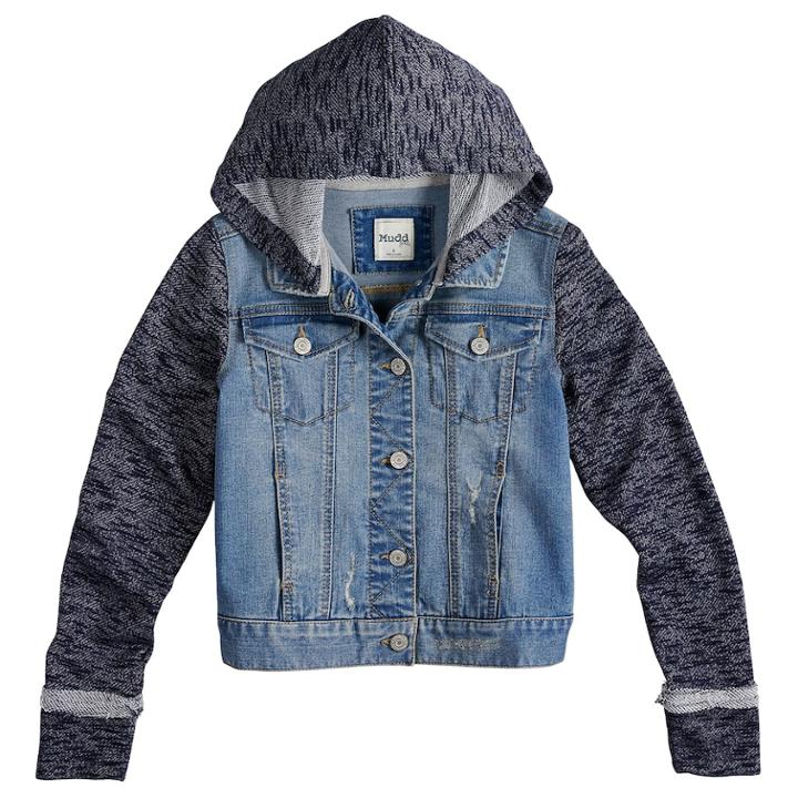 Girls 7-16 Mudd&reg; Knit Sleeve Denim Jacket, Size: 10, Blue