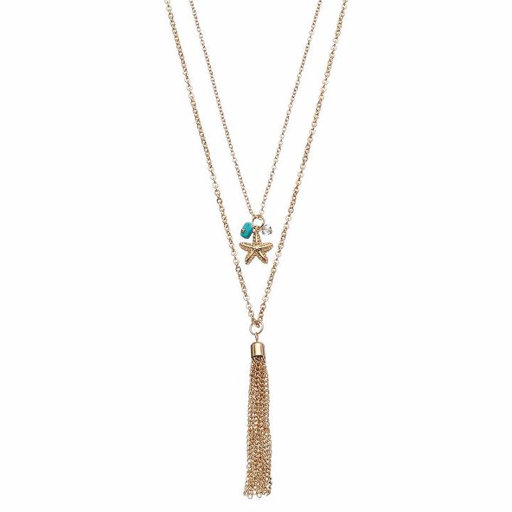 Layered Starfish & Tassel Necklace, Women's, Gold
