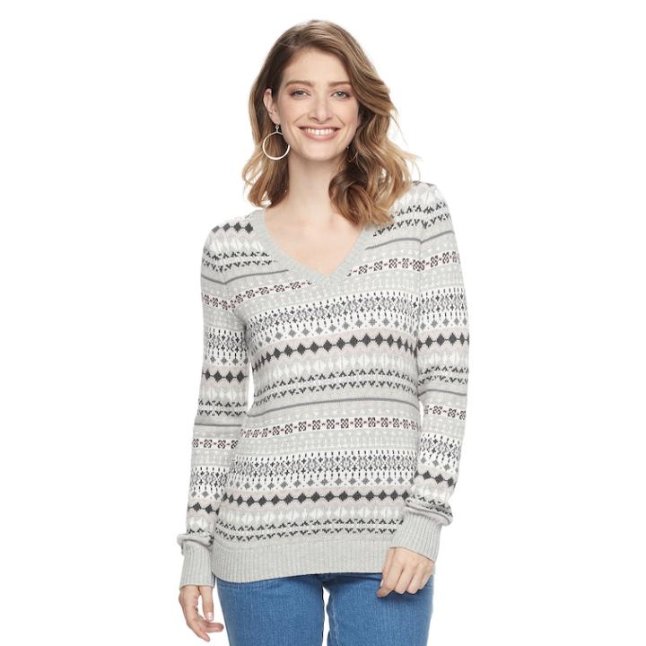 Women's Croft & Barrow&reg; V-neck Fairisle Sweater, Size: Xl, Light Grey