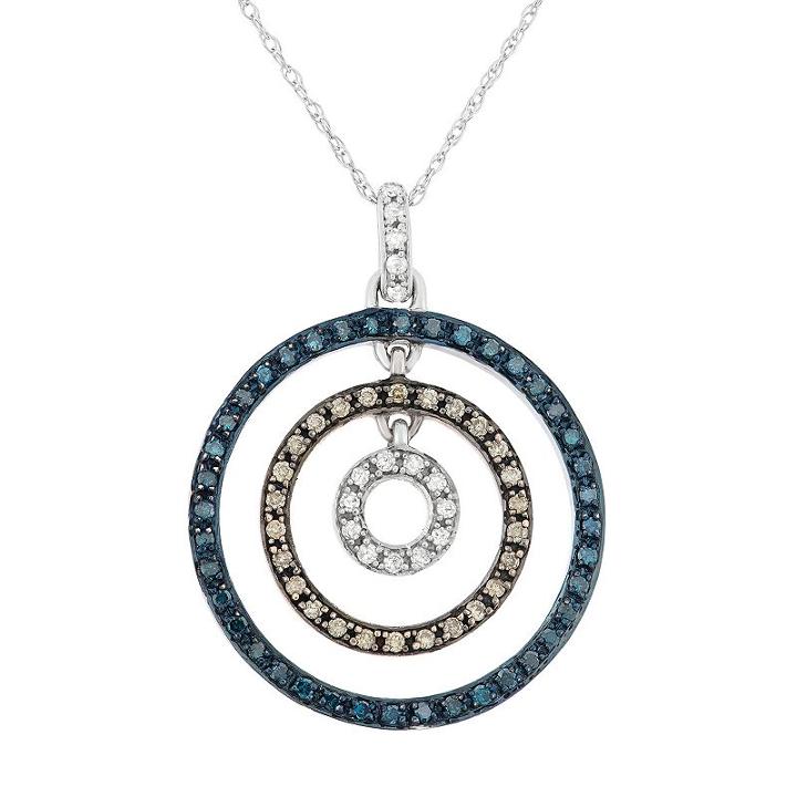 3/8 Carat T.w. Blue, Brown And White Diamond 10k White Gold Concentric Circle Pendant Necklace, Women's, Size: 18, Multicolor