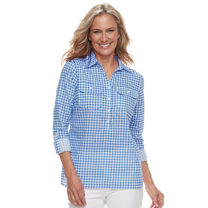 Women's Caribbean Joe Checked Shirt, Size: Medium, Blue