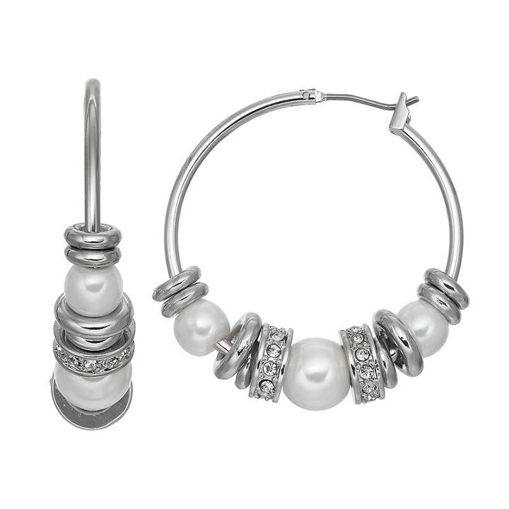 Simply Vera Vera Wang Nickel Free Simulated Pearl & Rondelle Hoop Earrings, Women's, White