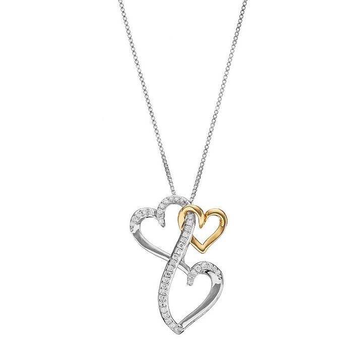 Love Is Forever Two Tone Sterling Silver 1/8 Carat T.w. Diamond Triple Heart Pendant, Women's, White